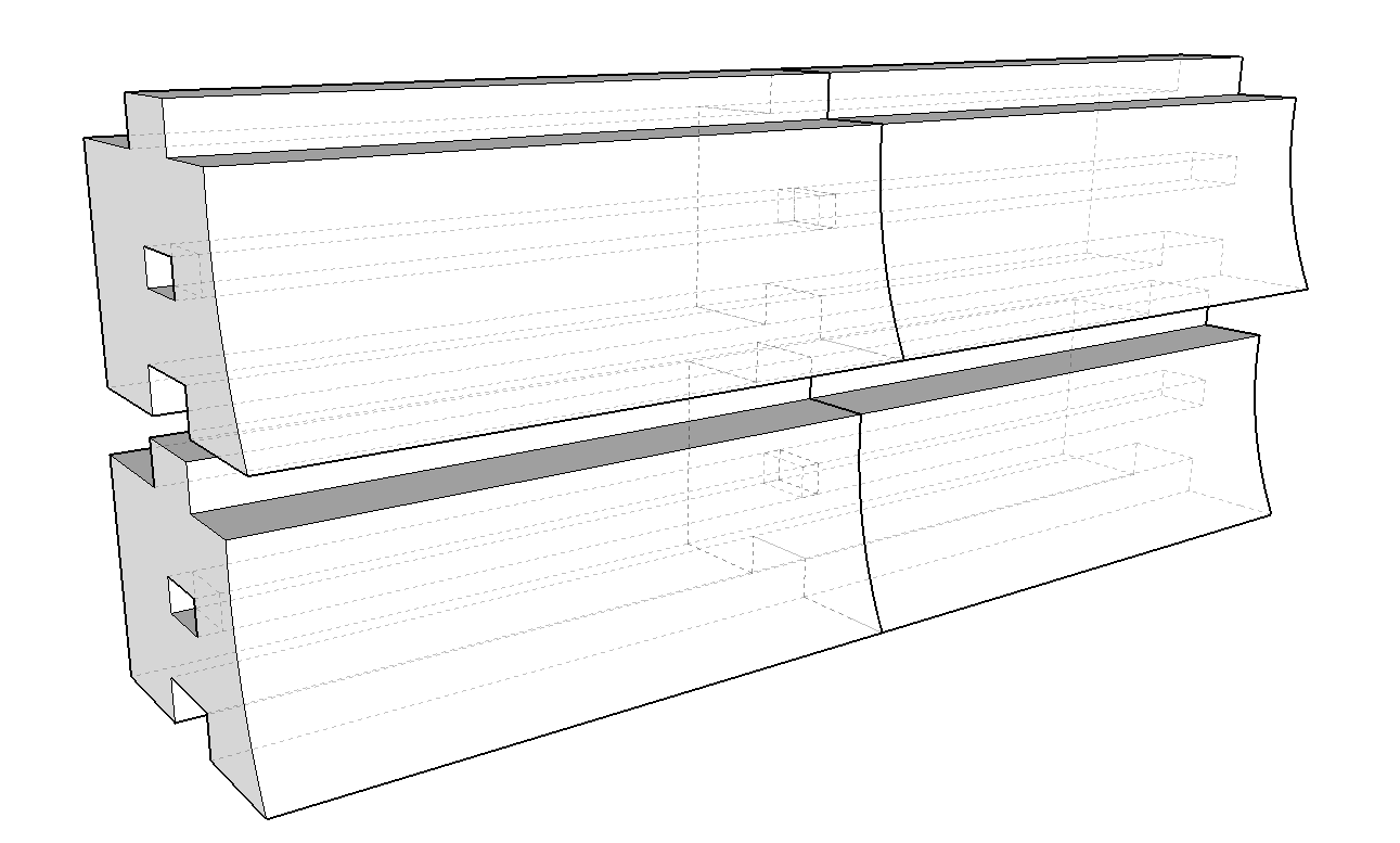 Exploded view of interlocking brick courses showing how blocks fit together