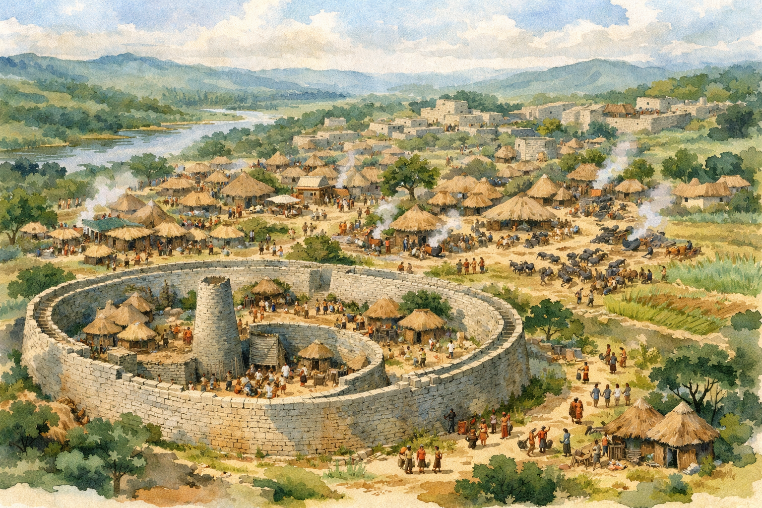 Great Zimbabwe at its peak - thriving African city with dry-stone walls, 14th century