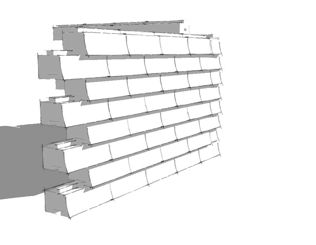 Dry-stack brick wall showing horizontal shadow lines at each course - the signature of the system